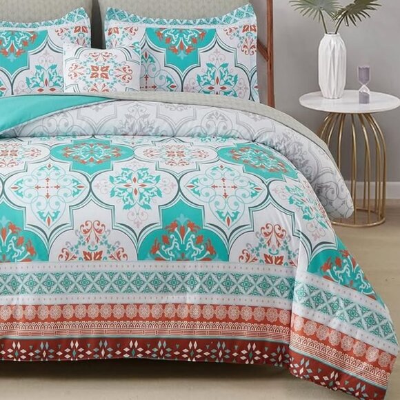 New Boho Damask Aqua  3 Piece Comforter Set • King Size - Picture 1 of 5